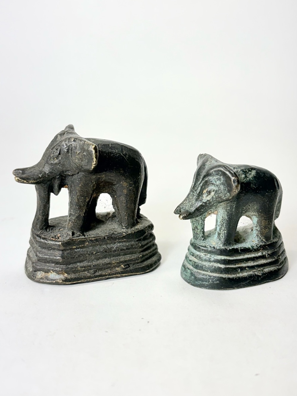2 Burmese ? Bronze Opium Weight Sculpture Of Elephant Vintage Antique